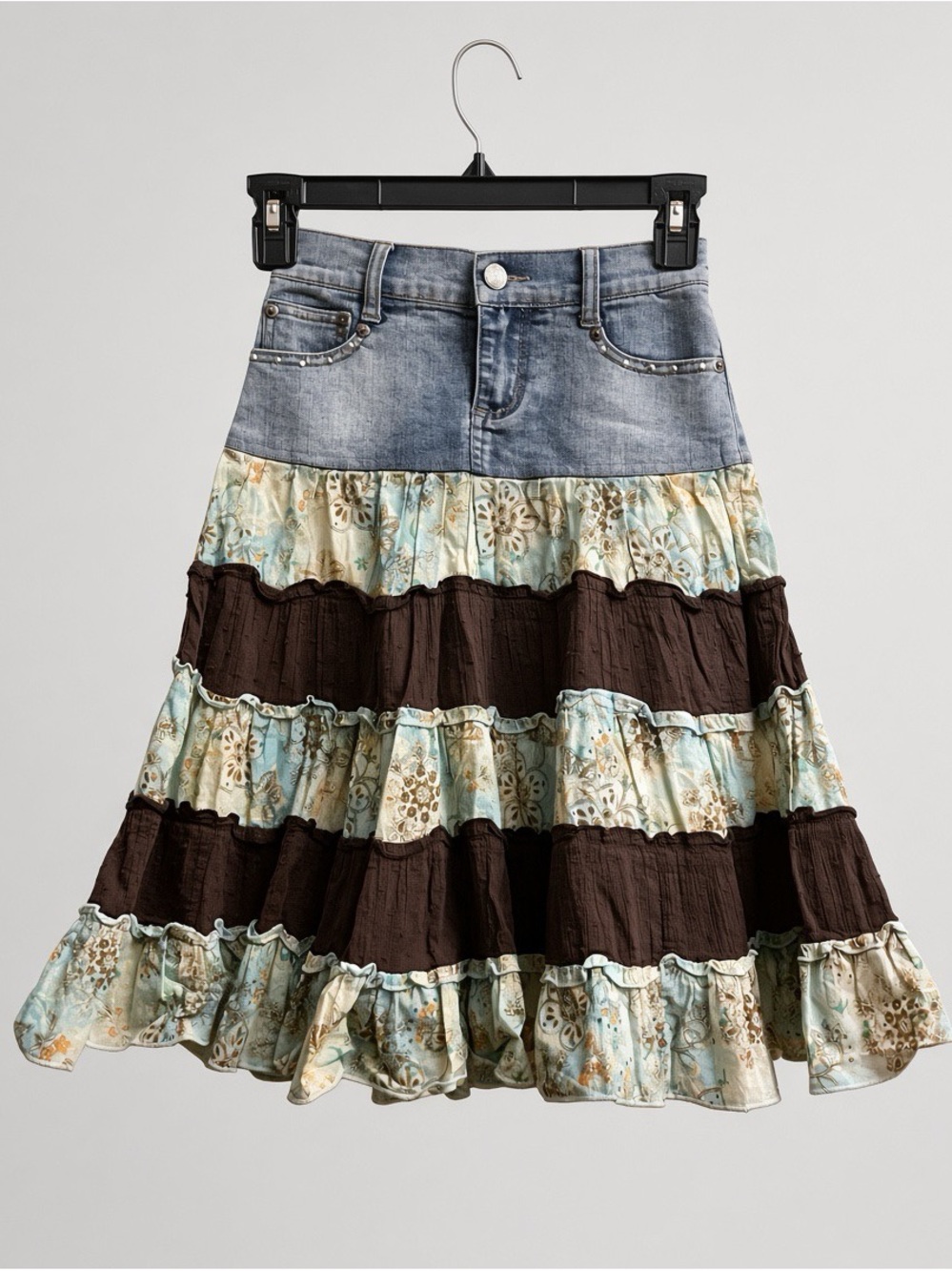 Rewind Denim-Waist Tiered Skirt in Blue, Brown, Cream
